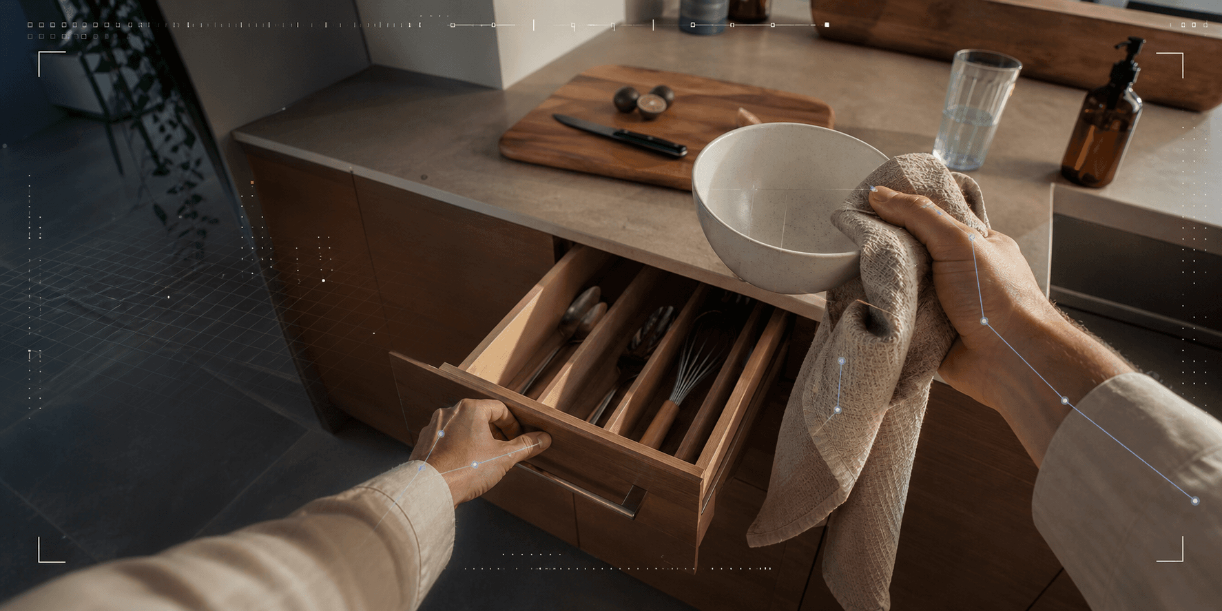 First-person view of putting away a clean bowl