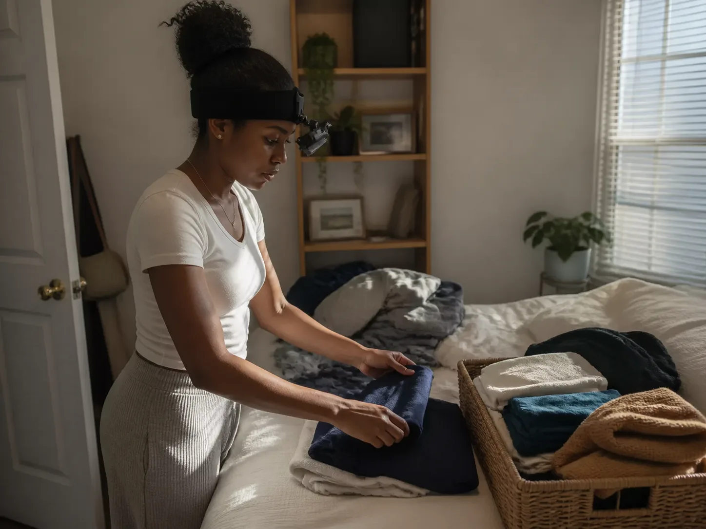 A person folding clean laundry on a bed at home