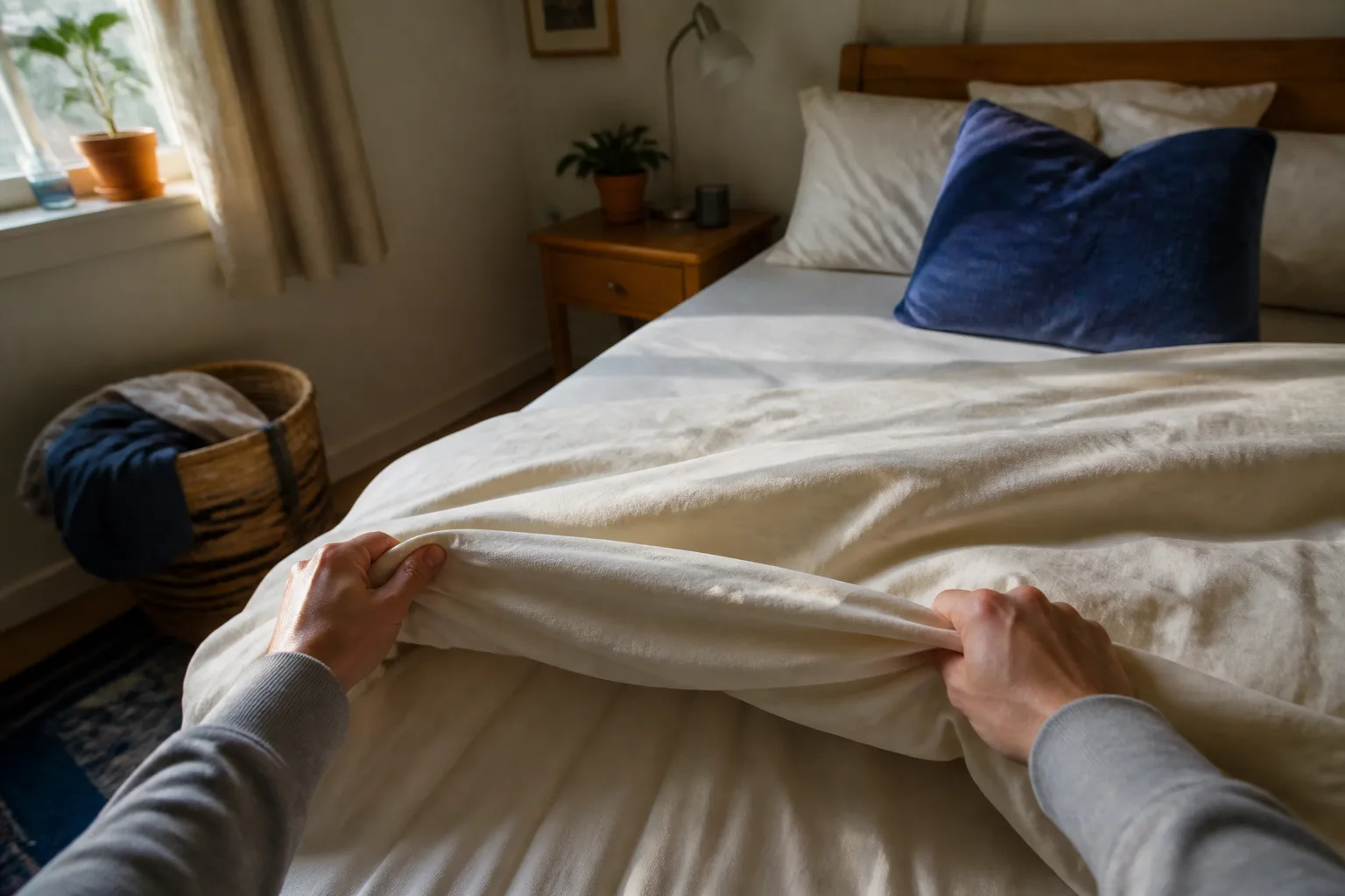 First-person view of pulling a duvet across a bed