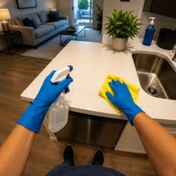 First-person view of wiping a kitchen counter